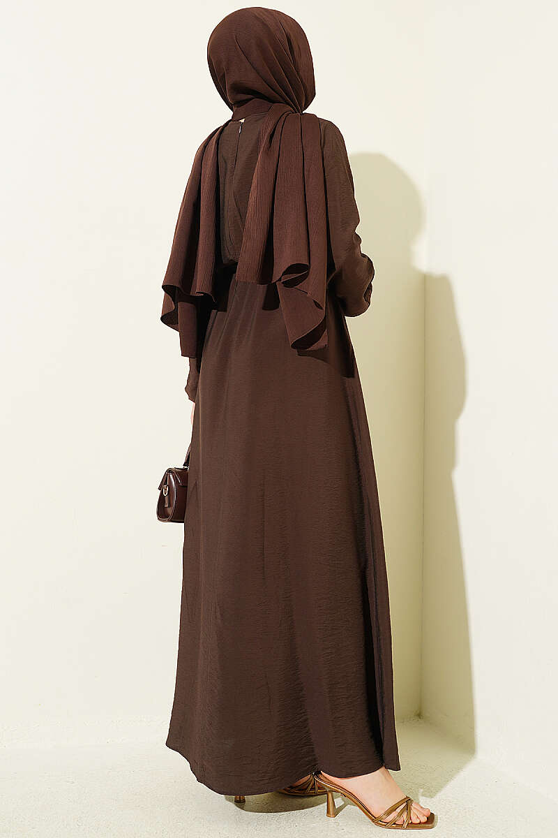 Dress with Vertical Front Ruffle and Elastic Waist - Brown