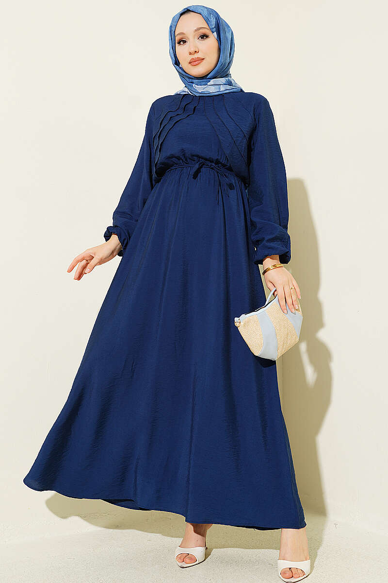 Dress with Vertical Front Ruffle and Elastic Waist - Navy