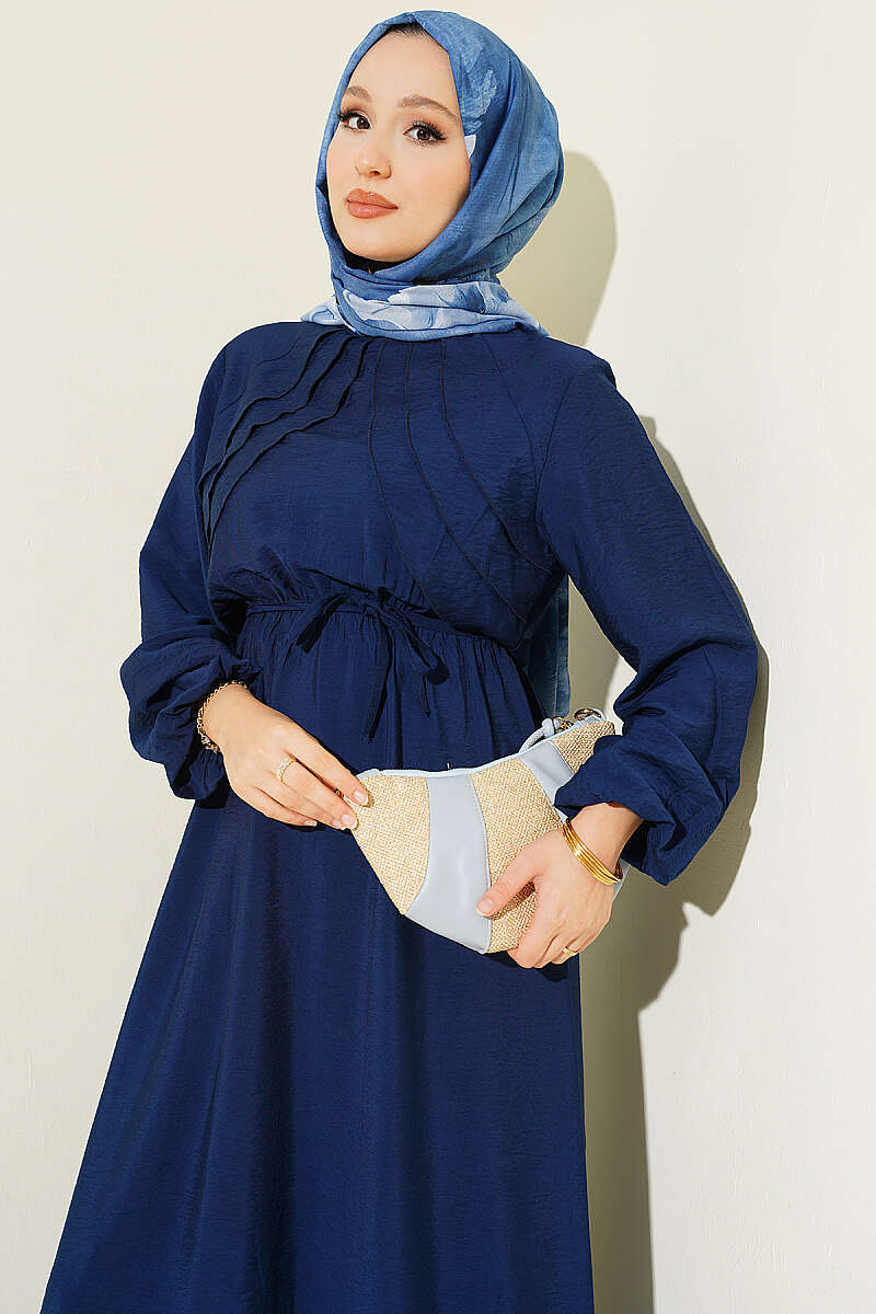 Dress with Vertical Front Ruffle and Elastic Waist - Navy