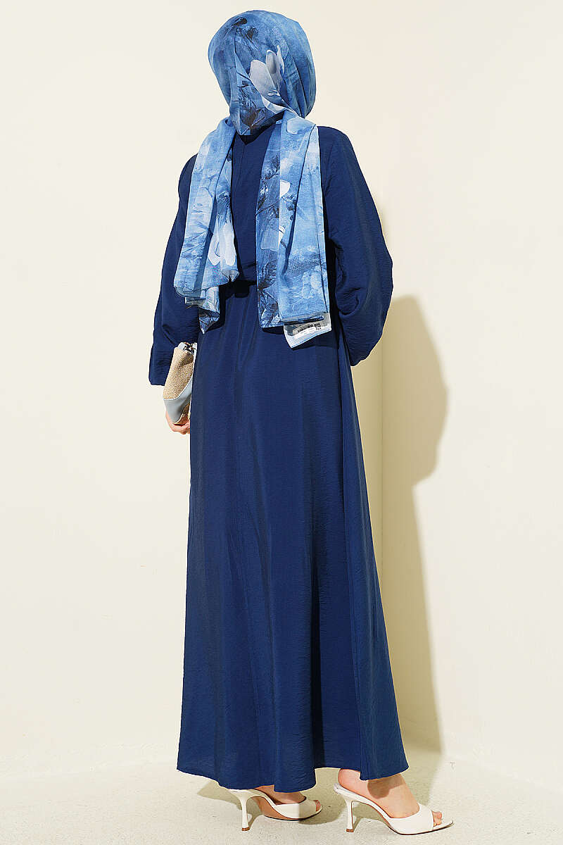 Dress with Vertical Front Ruffle and Elastic Waist - Navy