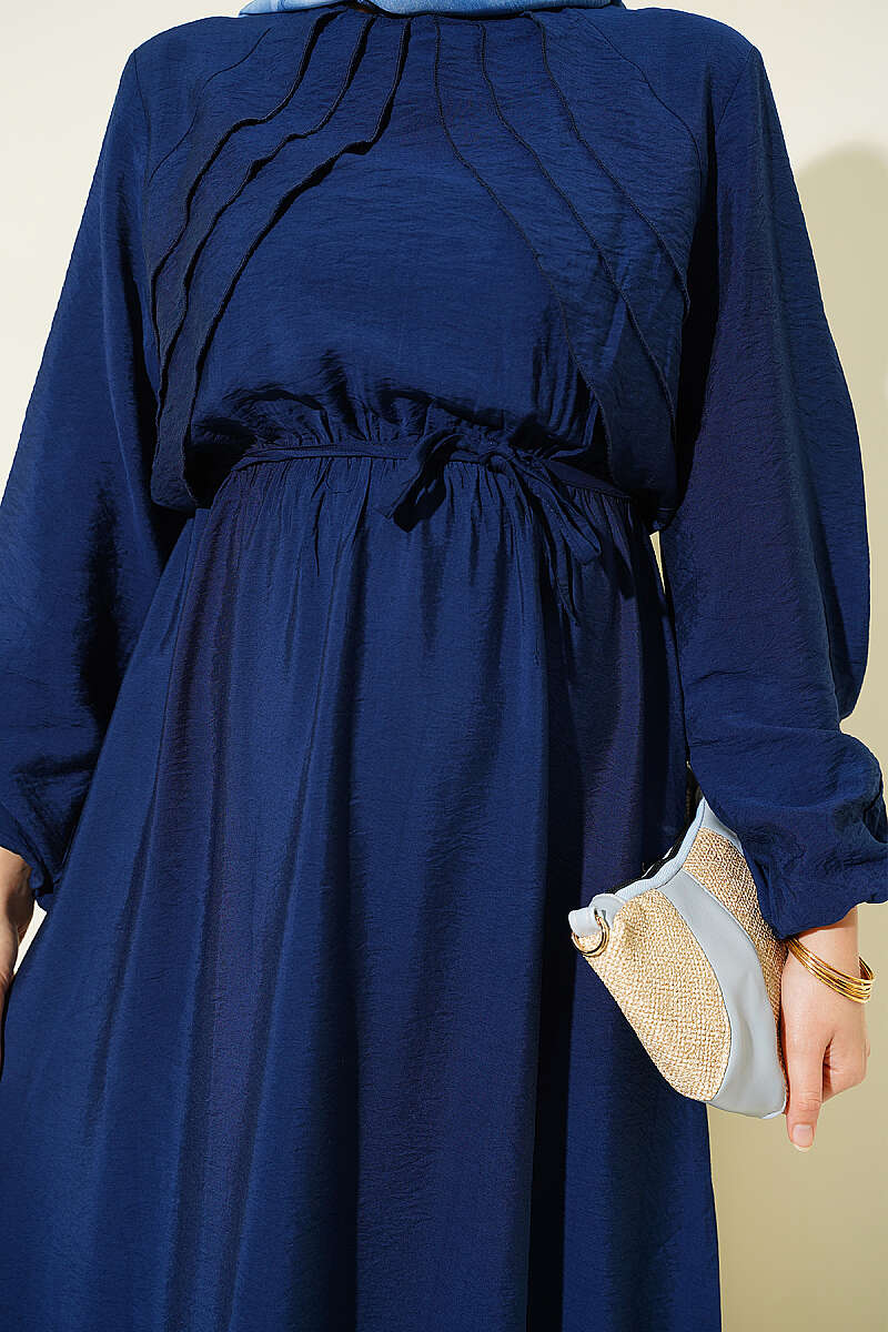 Dress with Vertical Front Ruffle and Elastic Waist - Navy