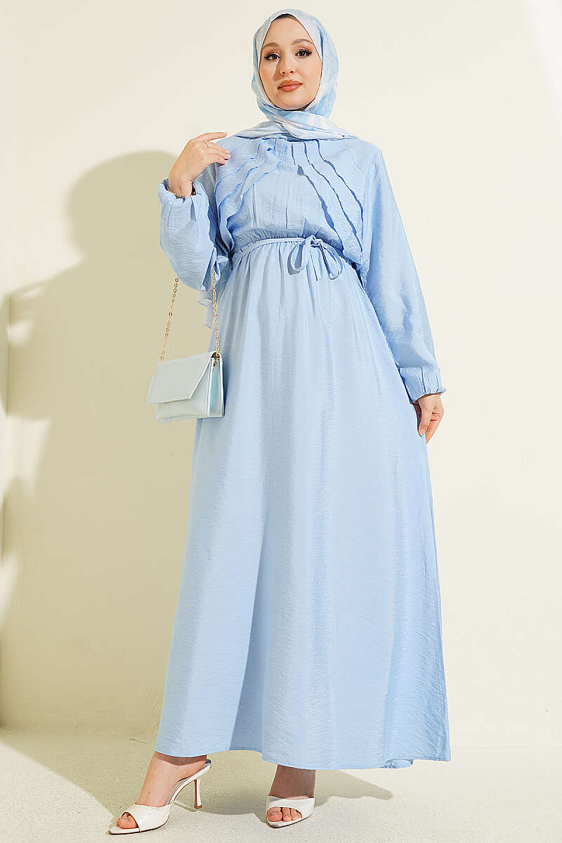 Dress with Vertical Front Ruffle and Elastic Waist - Blue