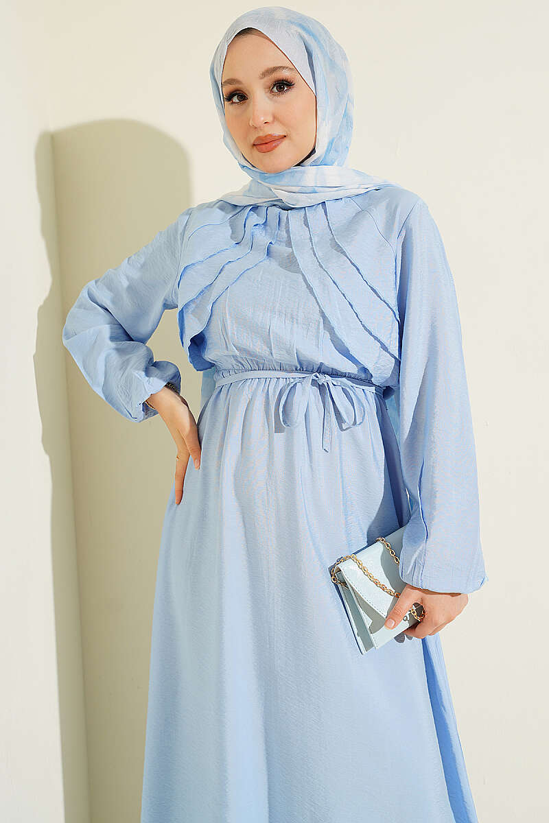 Dress with Vertical Front Ruffle and Elastic Waist - Blue