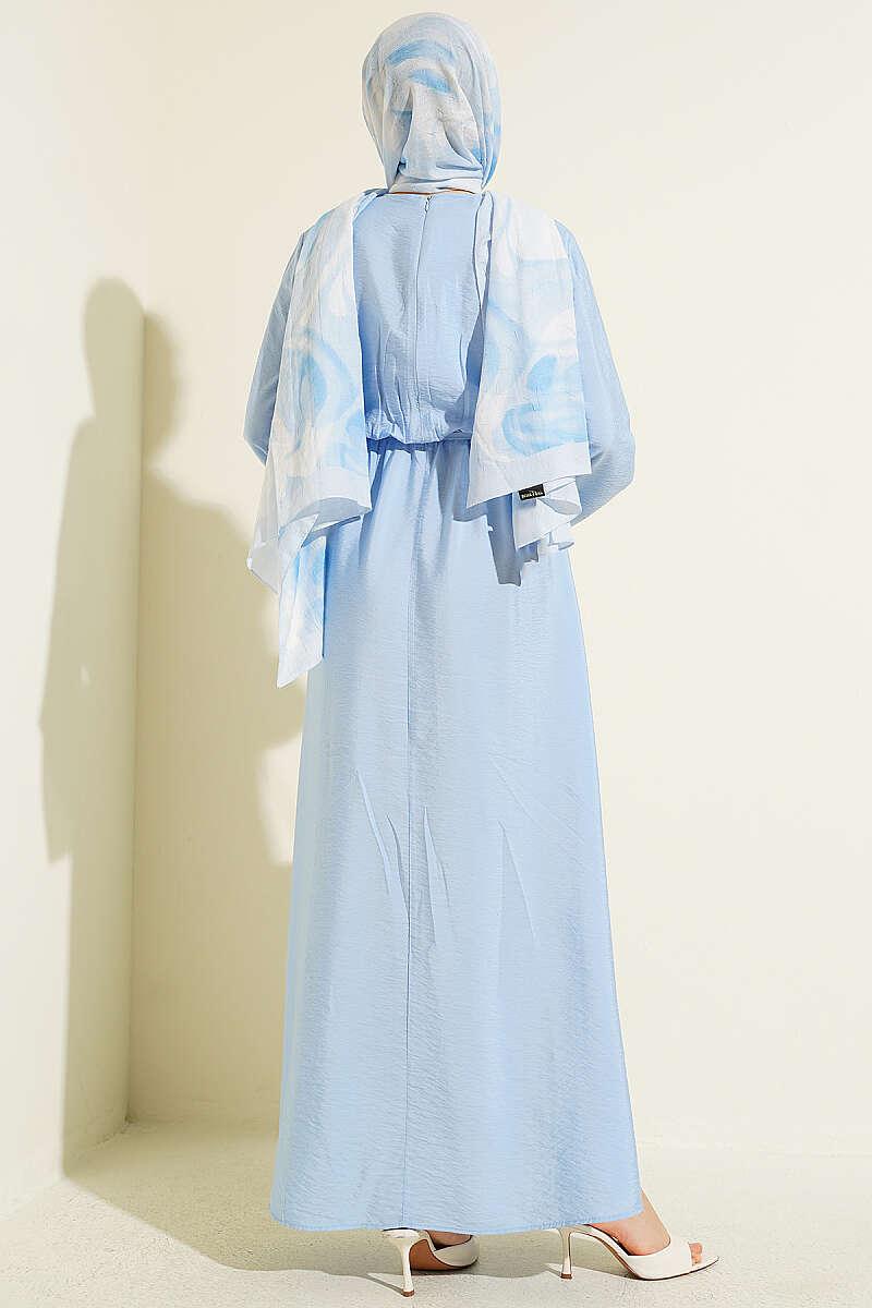 Dress with Vertical Front Ruffle and Elastic Waist - Blue