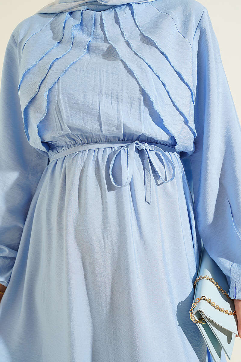 Dress with Vertical Front Ruffle and Elastic Waist - Blue