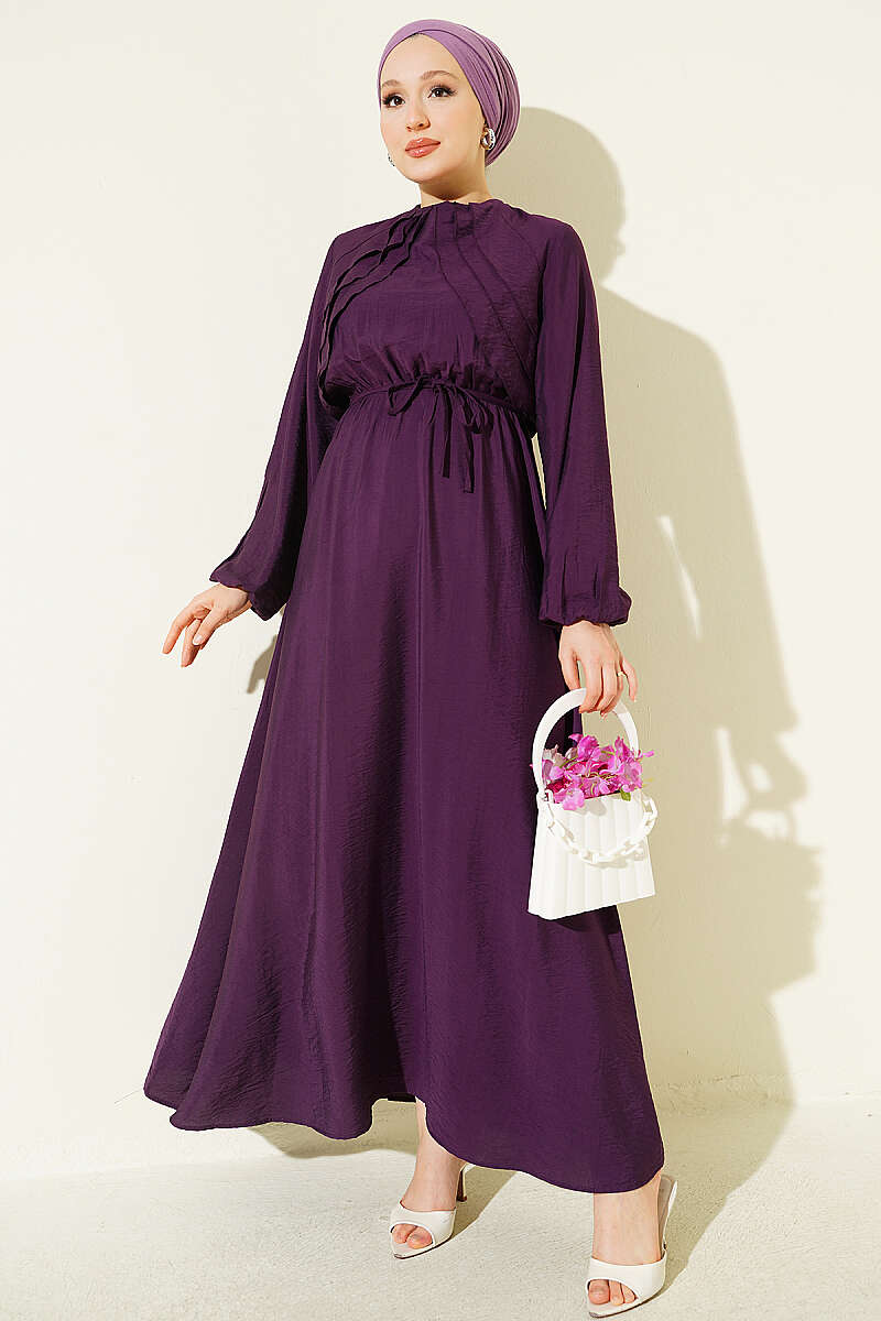 Dress with Vertical Front Ruffle and Elastic Waist - Purple