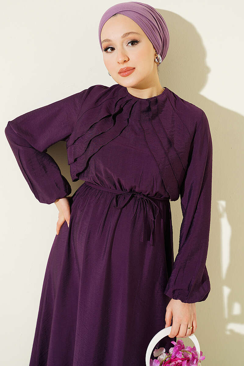Dress with Vertical Front Ruffle and Elastic Waist - Purple