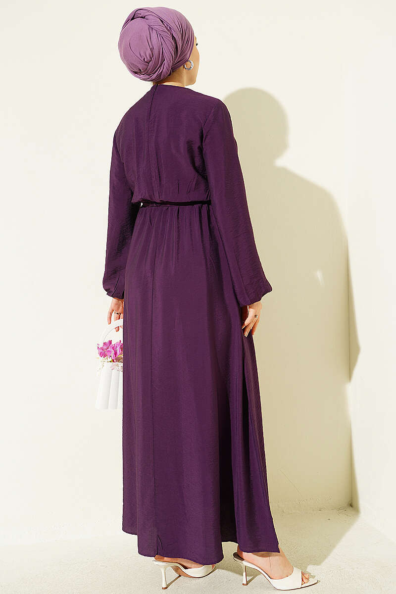 Dress with Vertical Front Ruffle and Elastic Waist - Purple