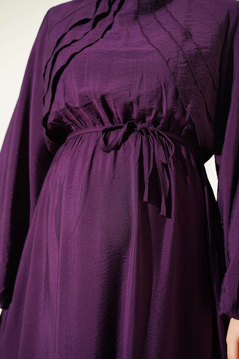 Dress with Vertical Front Ruffle and Elastic Waist - Purple