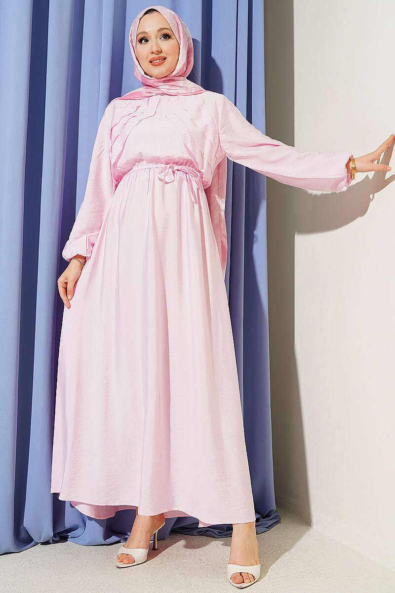 Dress with Vertical Front Ruffle and Elastic Waist - Pink