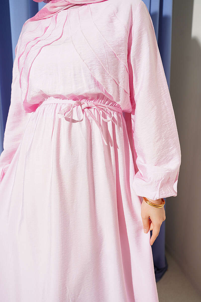 Dress with Vertical Front Ruffle and Elastic Waist - Pink
