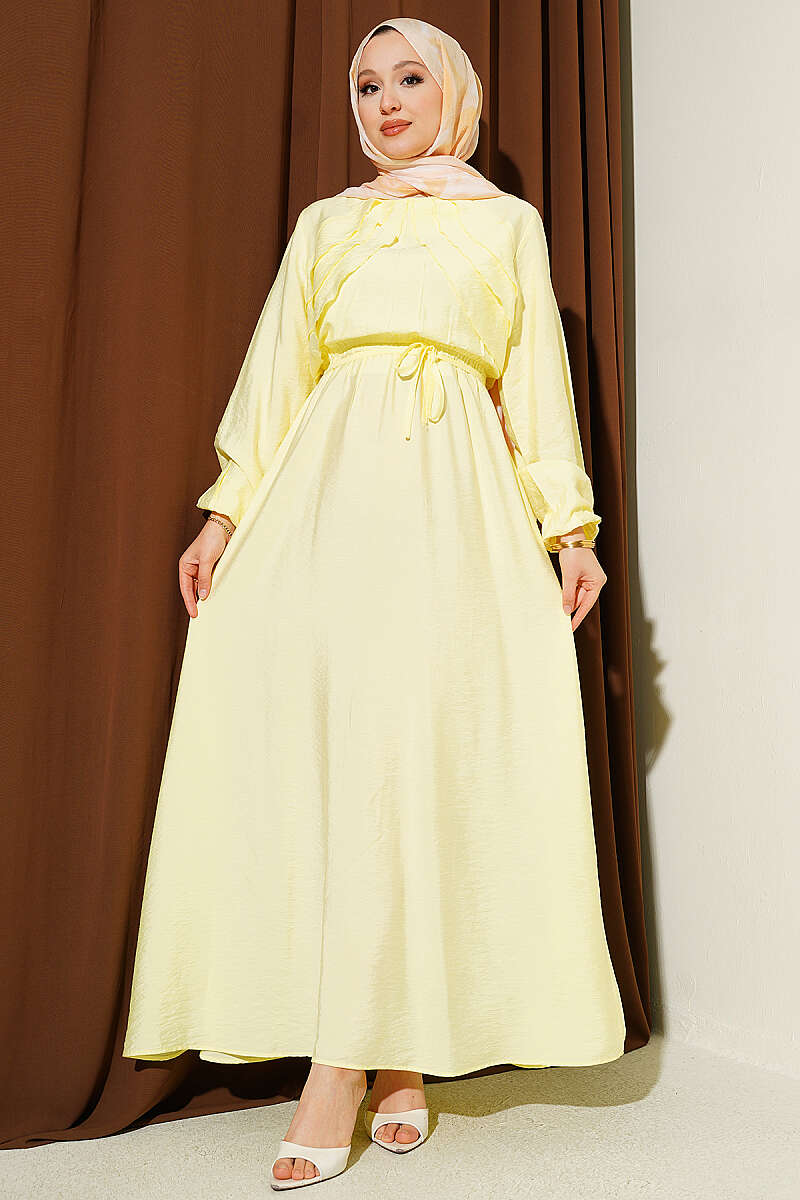 Dress with Vertical Front Ruffle and Elastic Waist - Yellow