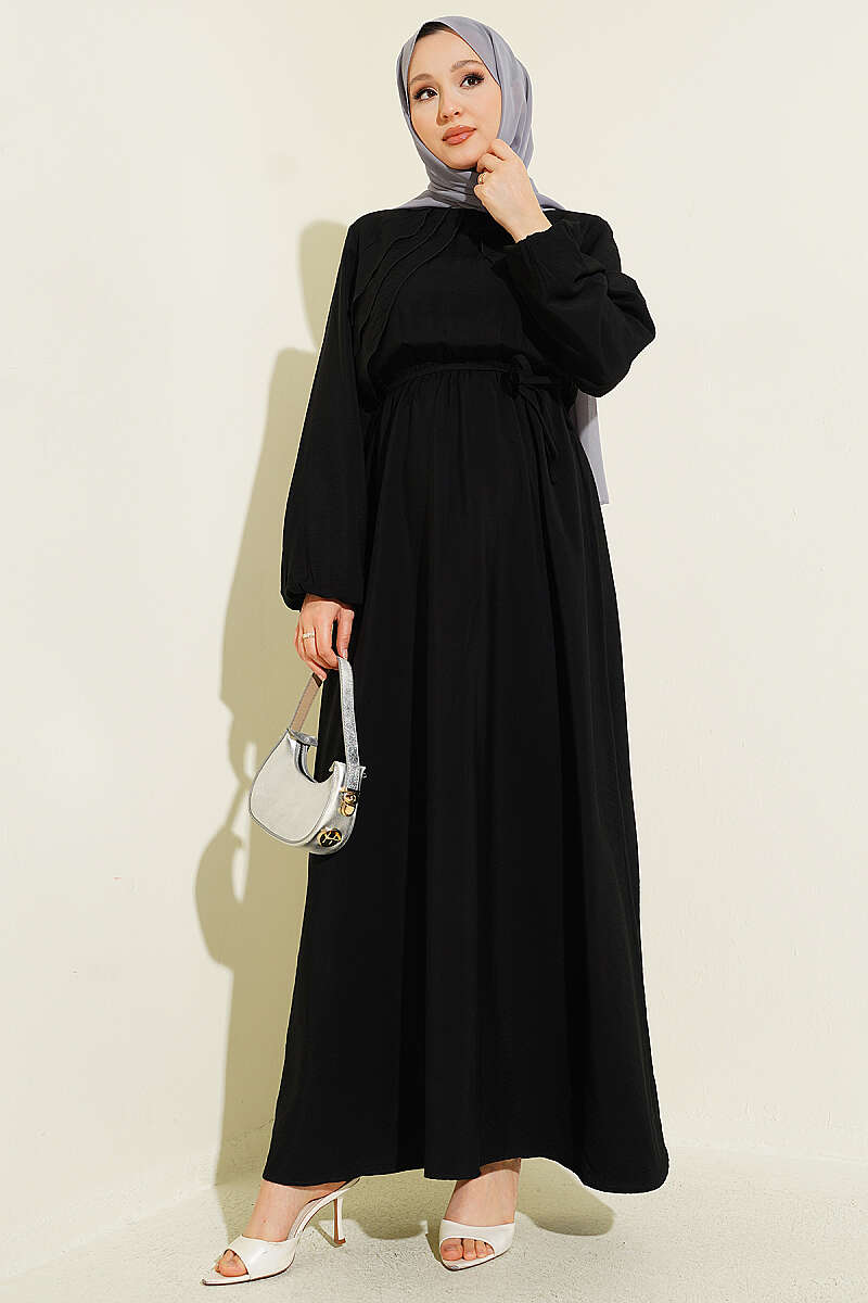 Dress with Vertical Front Ruffle and Elastic Waist - Black
