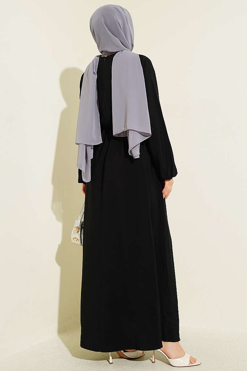 Dress with Vertical Front Ruffle and Elastic Waist - Black