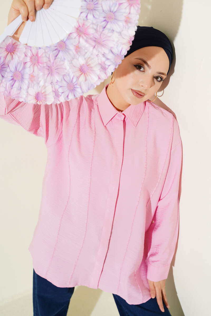 Loose Shirt with Front Stitching - Pink