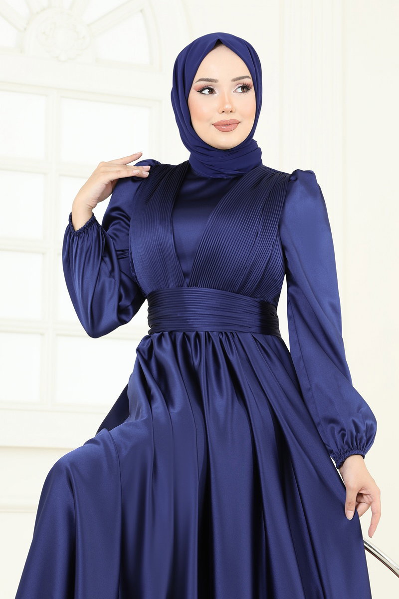 Front-Draped Satin Evening Dress - Navy