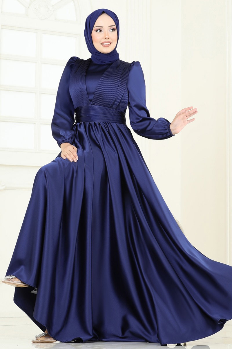Front-Draped Satin Evening Dress - Navy