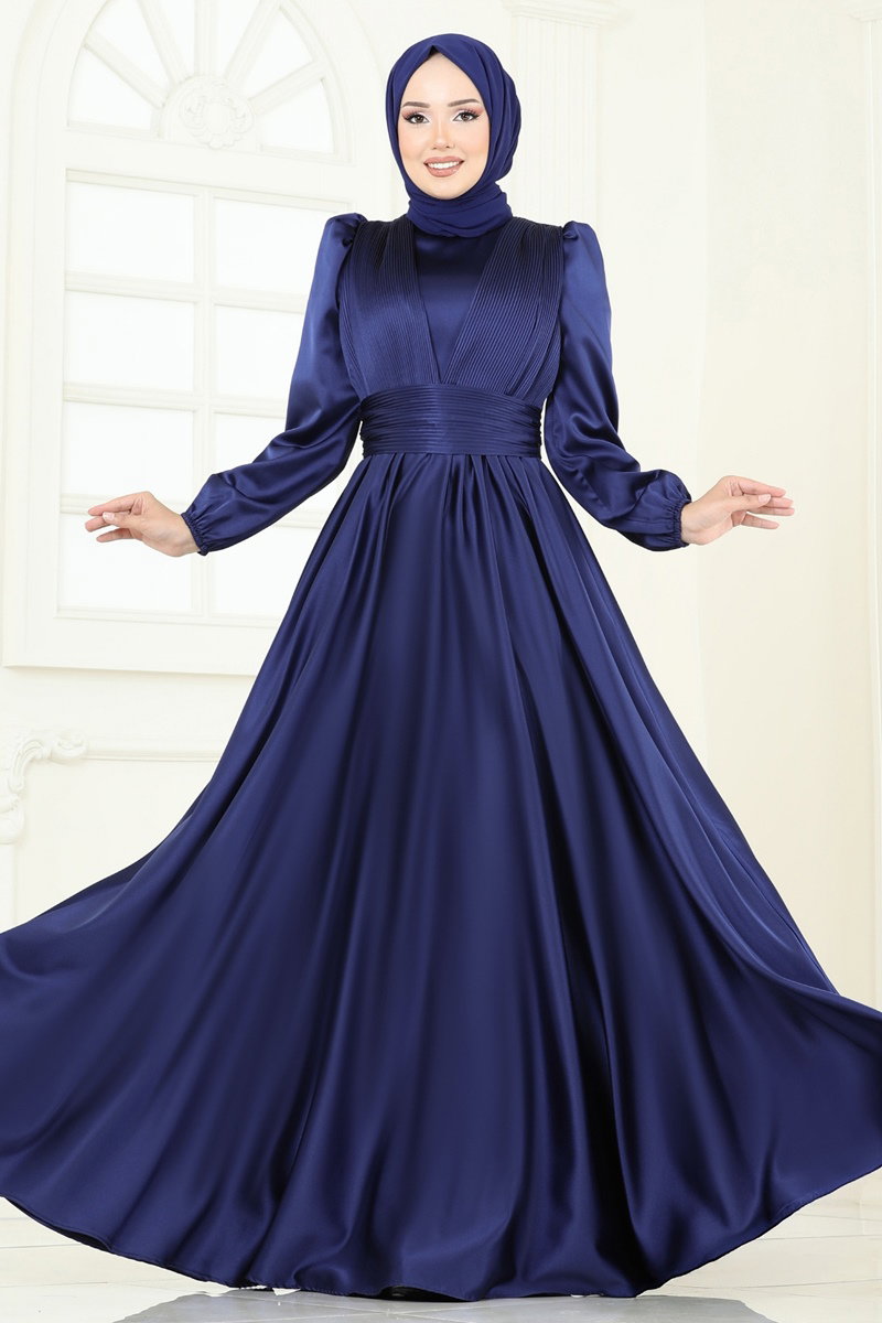 Front-Draped Satin Evening Dress - Navy