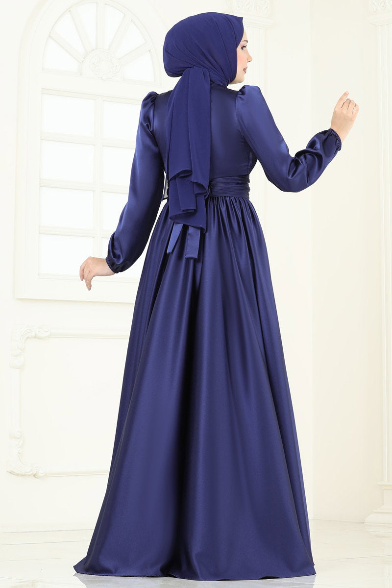 Front-Draped Satin Evening Dress - Navy