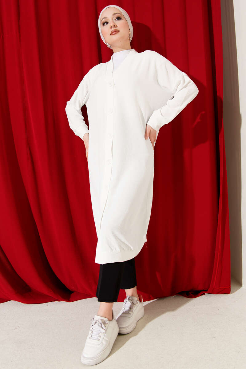 Long Button-Front Airobin Cardigan - White