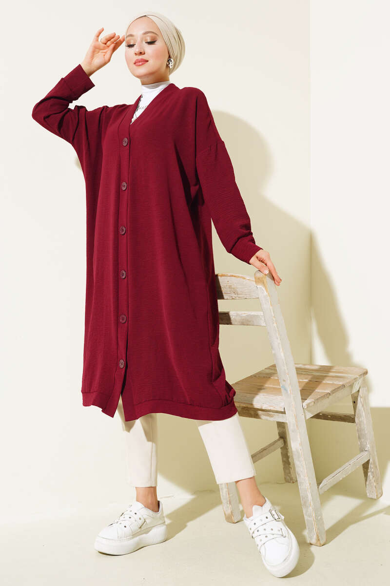 Long Button-Front Airobin Cardigan - Burgundy