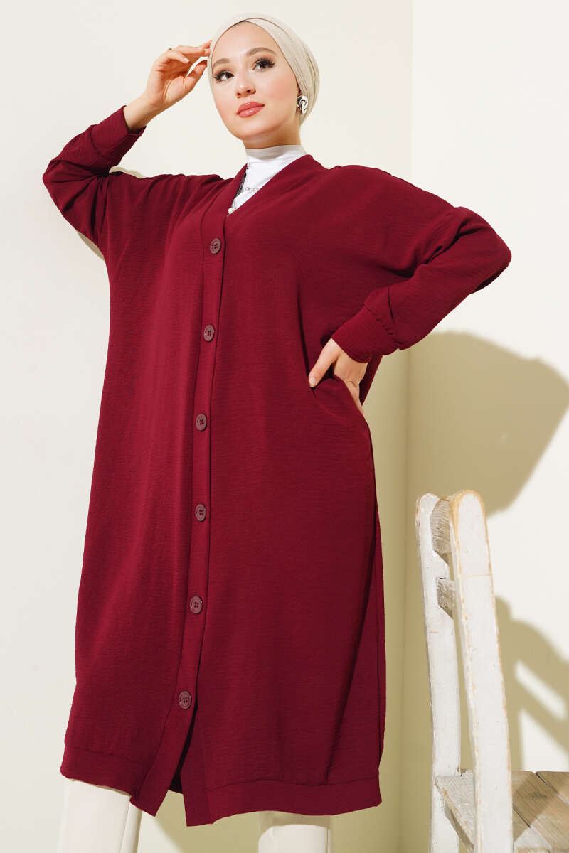 Long Button-Front Airobin Cardigan - Burgundy