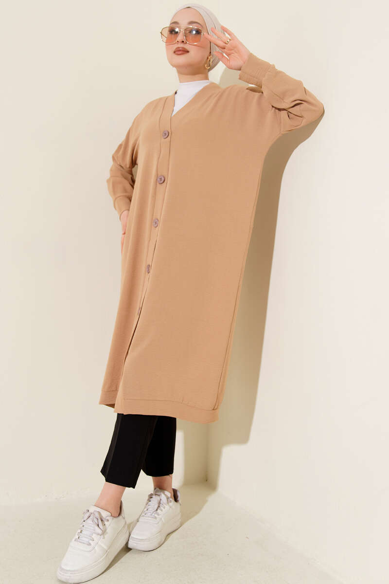 Long Button-Front Airobin Cardigan - Biscuit