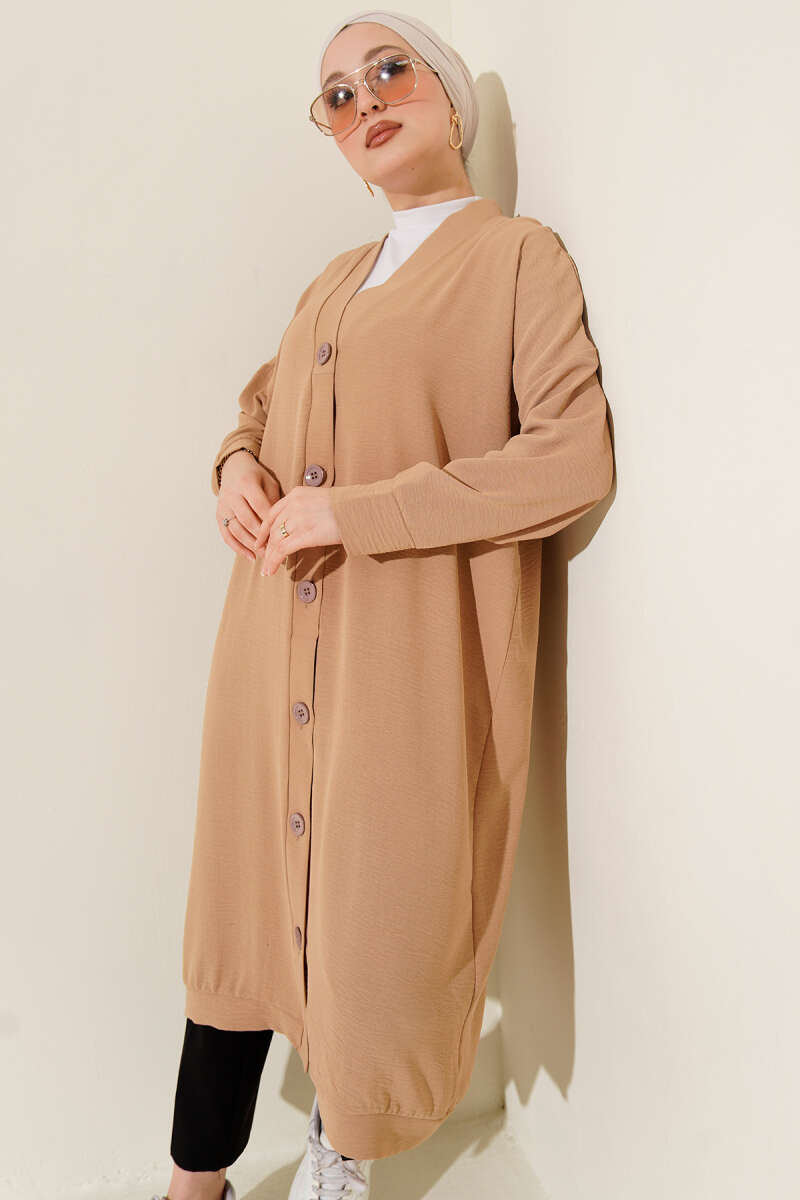 Long Button-Front Airobin Cardigan - Biscuit