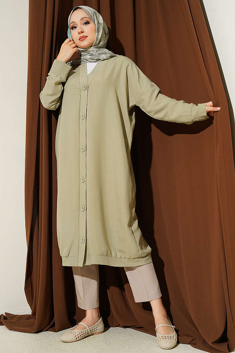 Long Button-Front Airobin Cardigan - Almond Green