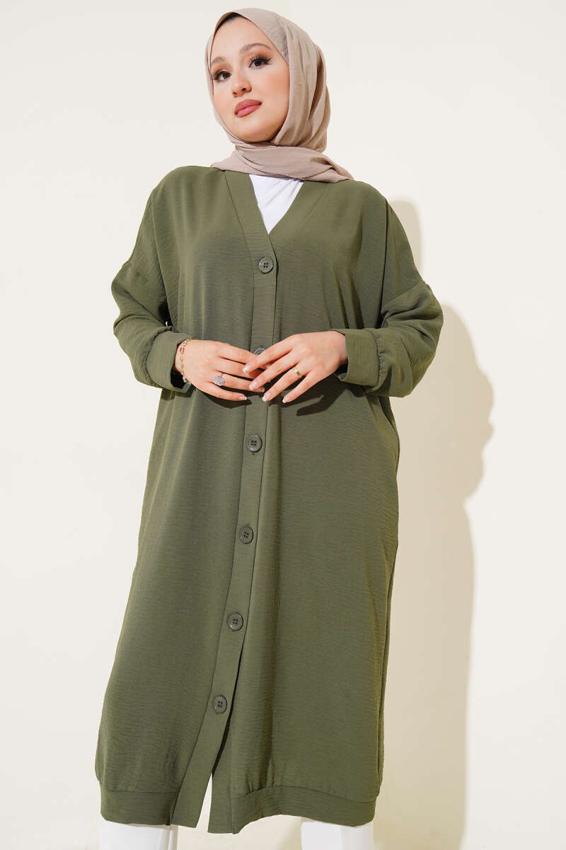 Long Button-Front Airobin Cardigan - Khaki