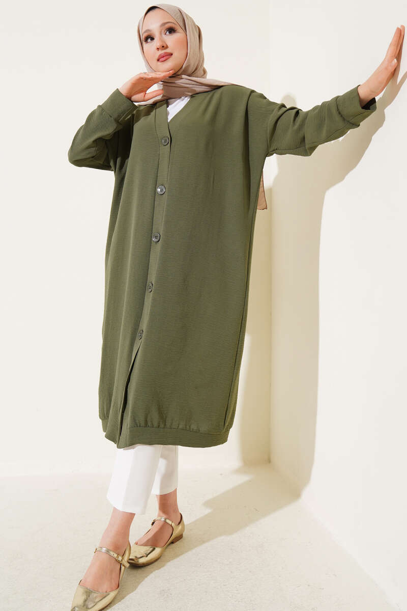 Long Button-Front Airobin Cardigan - Khaki