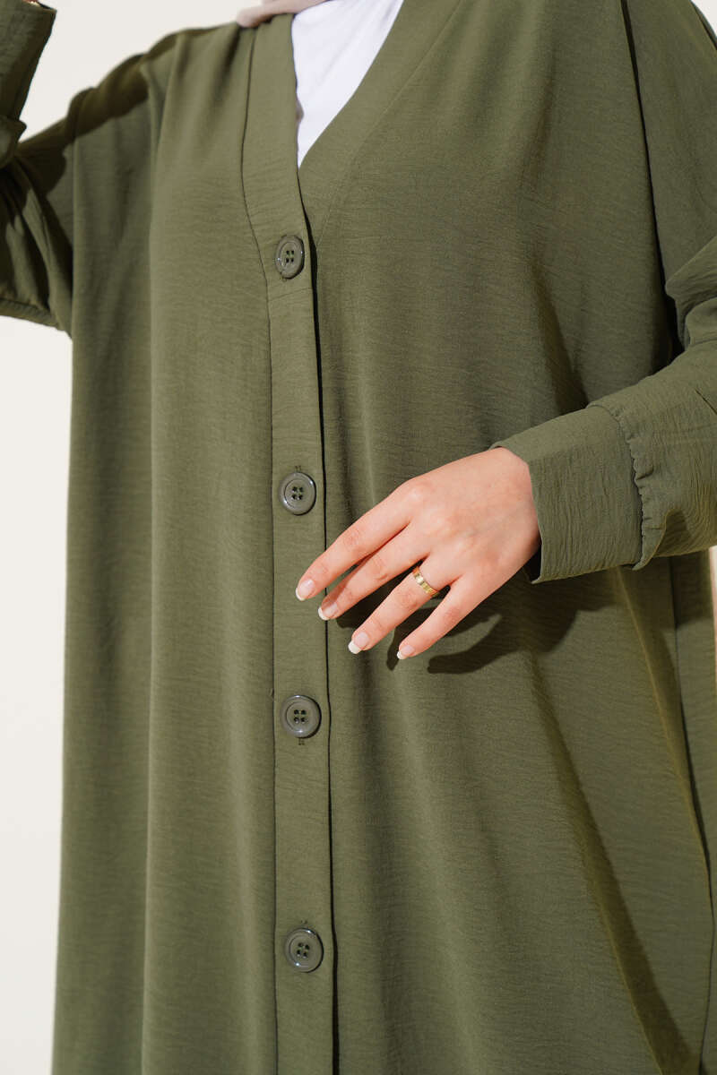 Long Button-Front Airobin Cardigan - Khaki