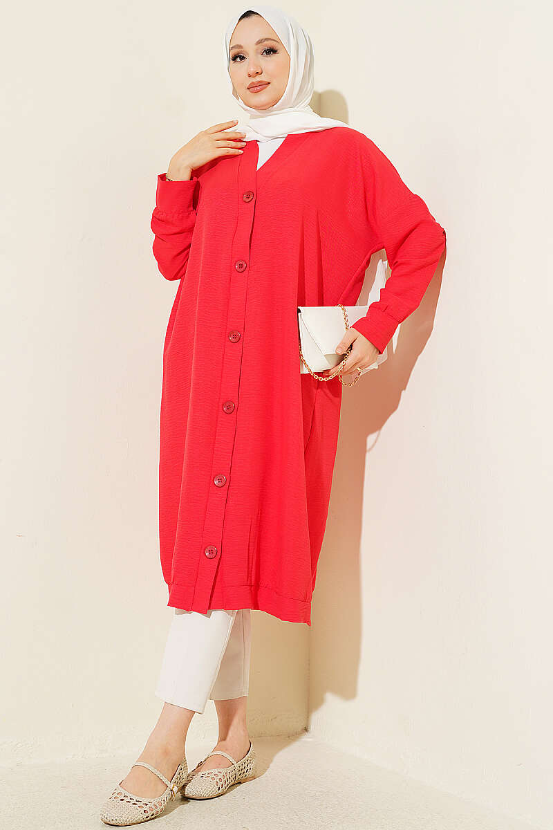 Long Button-Front Airobin Cardigan - Red