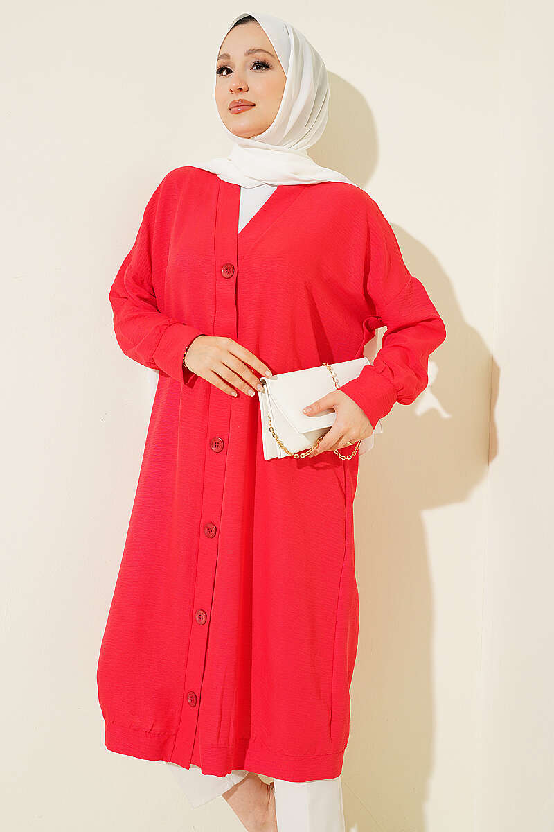 Long Button-Front Airobin Cardigan - Red