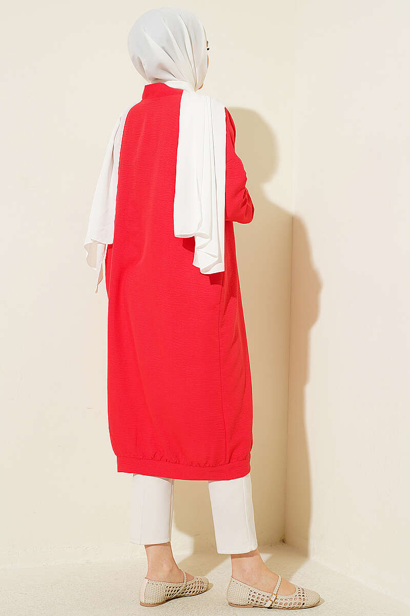Long Button-Front Airobin Cardigan - Red