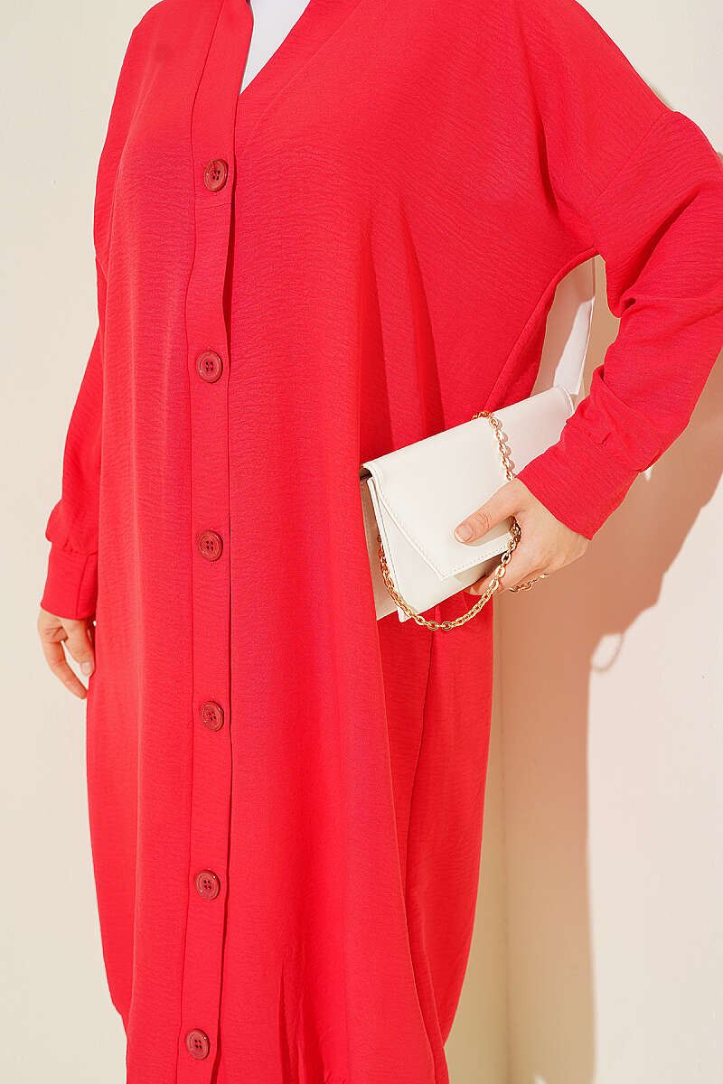 Long Button-Front Airobin Cardigan - Red