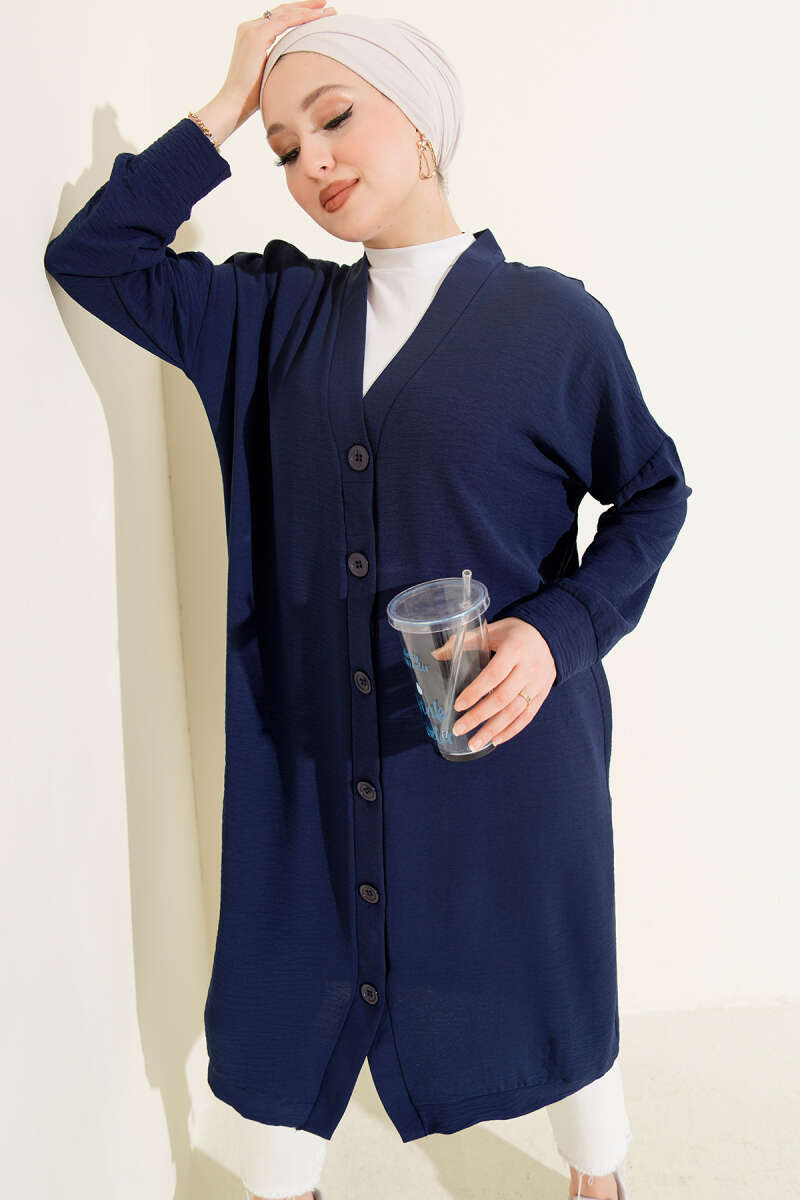 Long Button-Front Airobin Cardigan - Navy