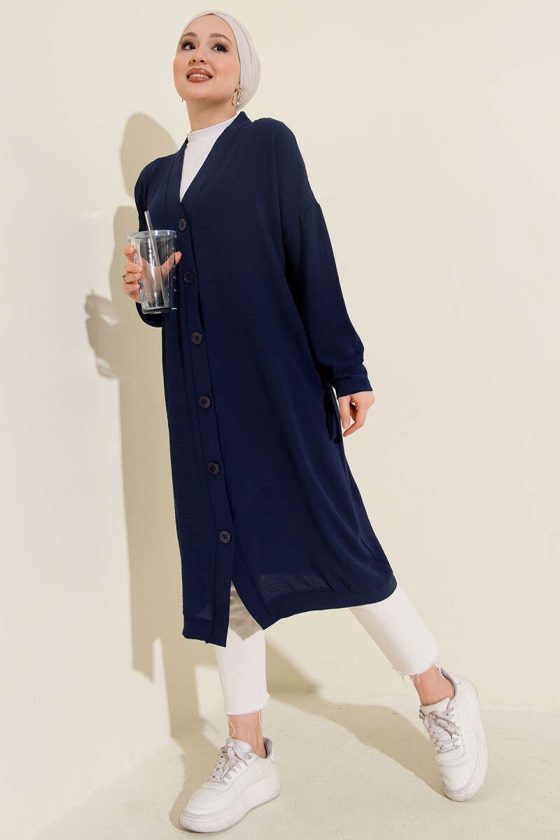 Long Button-Front Airobin Cardigan - Navy