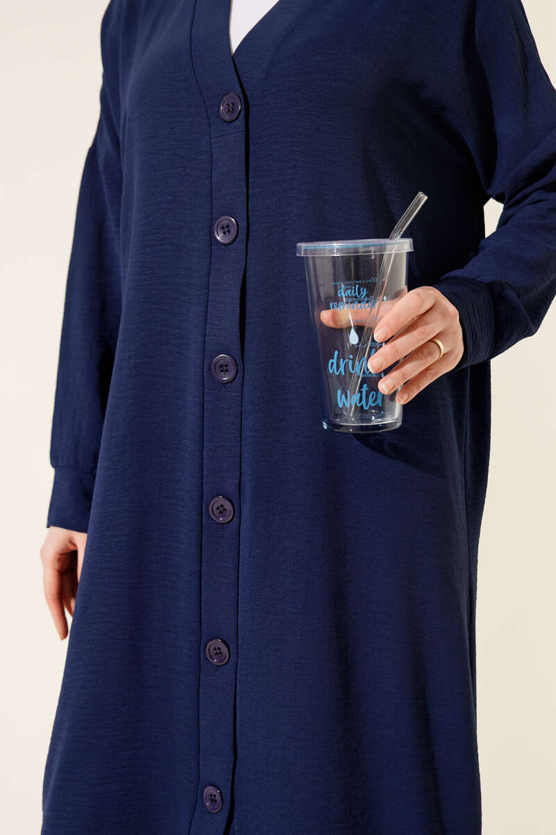 Long Button-Front Airobin Cardigan - Navy