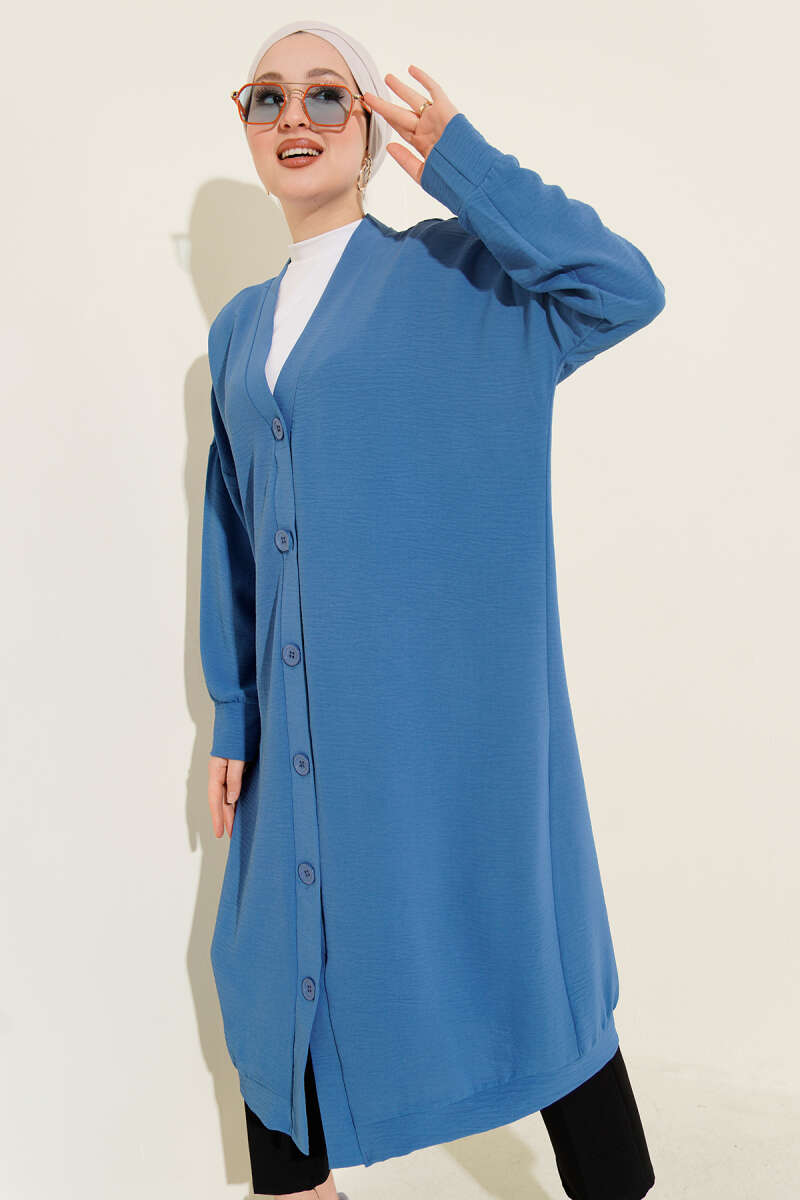 Long Button-Front Airobin Cardigan - Blue