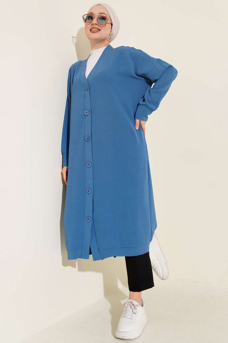 Long Button-Front Airobin Cardigan - Blue