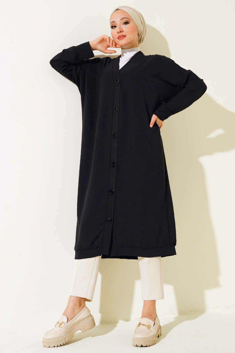 Long Button-Front Airobin Cardigan - Black