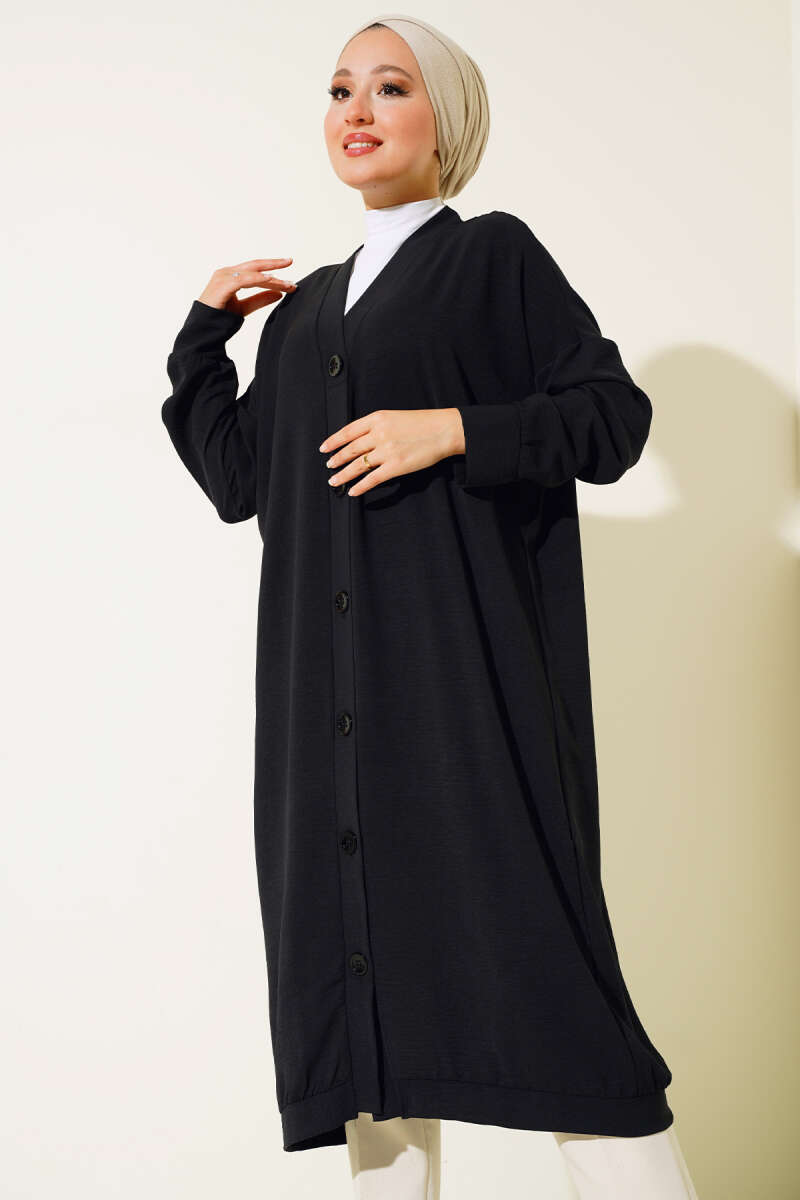Long Button-Front Airobin Cardigan - Black