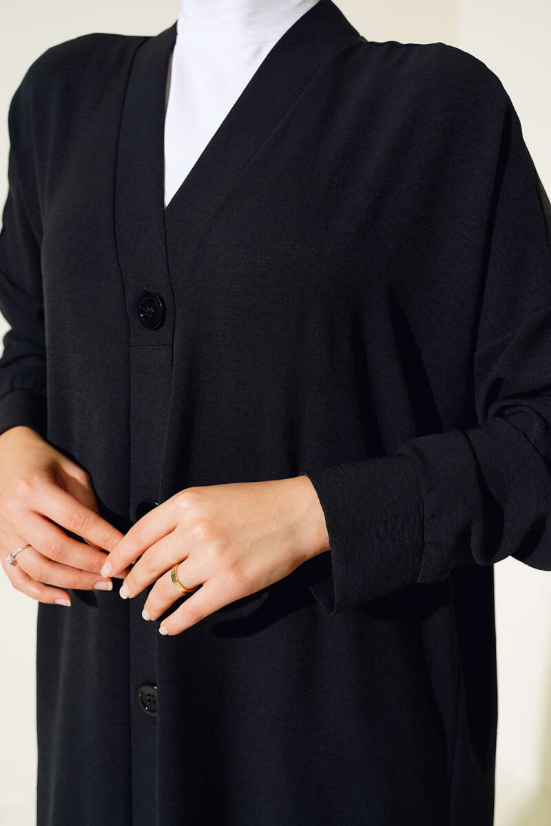 Long Button-Front Airobin Cardigan - Black