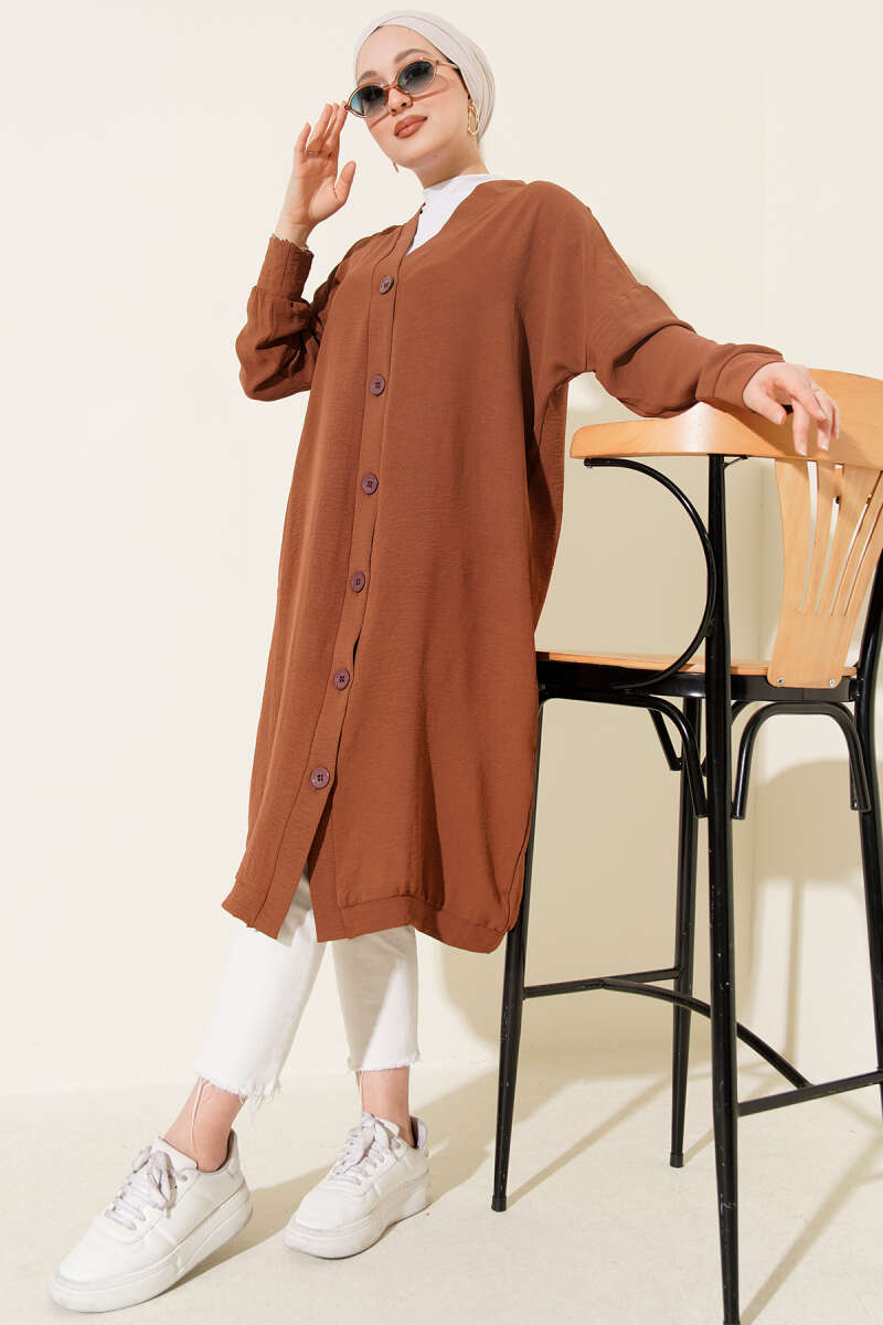Long Button-Front Airobin Cardigan - Tan