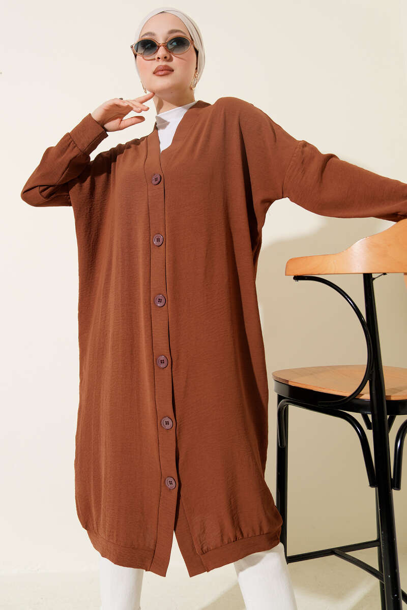 Long Button-Front Airobin Cardigan - Tan