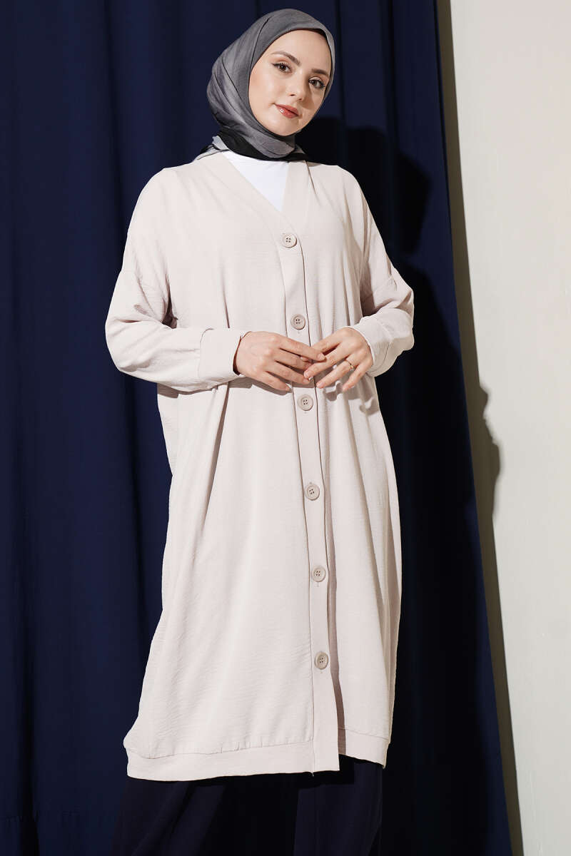 Long Button-Front Airobin Cardigan - Stone