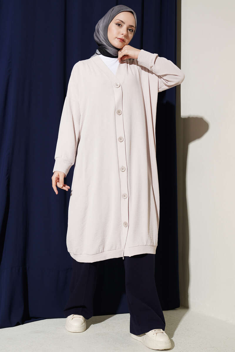 Long Button-Front Airobin Cardigan - Stone