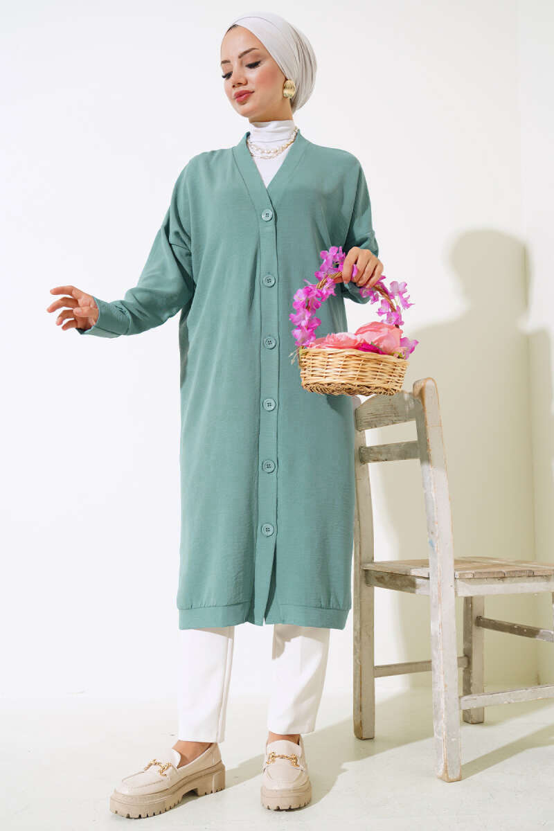 Long Button-Front Airobin Cardigan - Turquoise