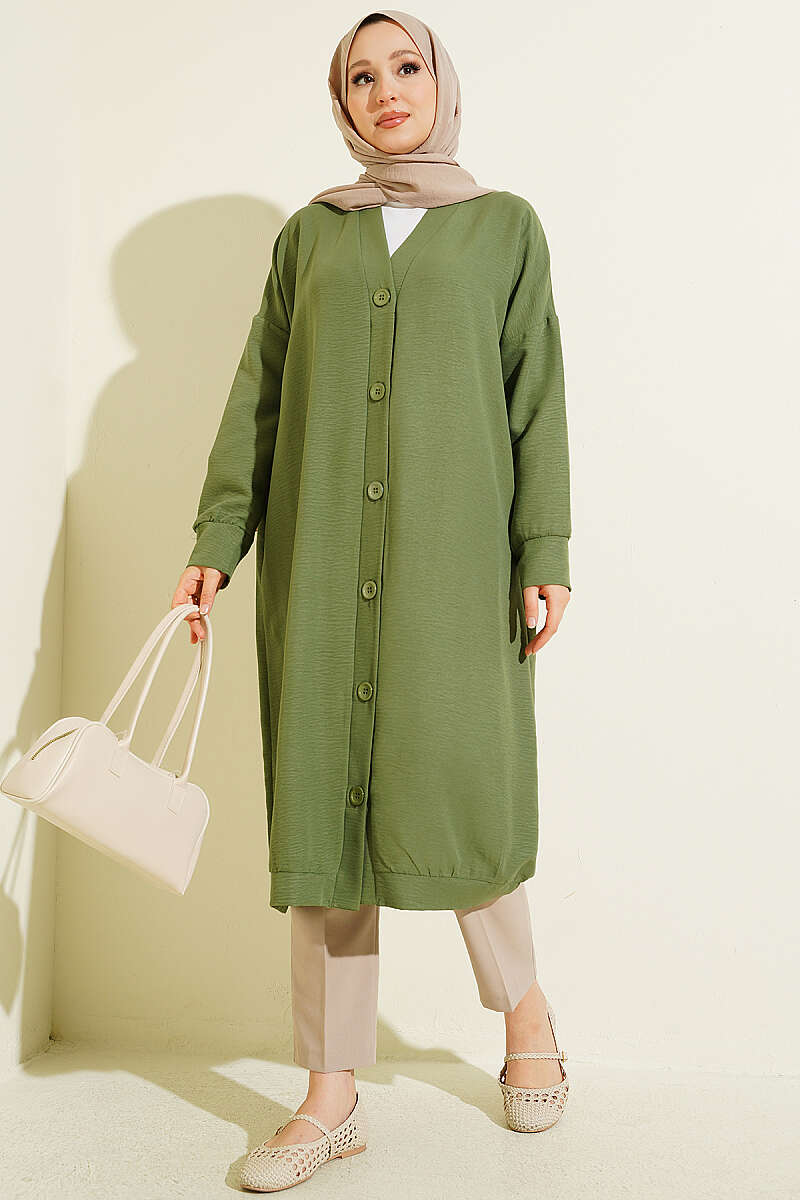 Long Button-Front Airobin Cardigan - Green
